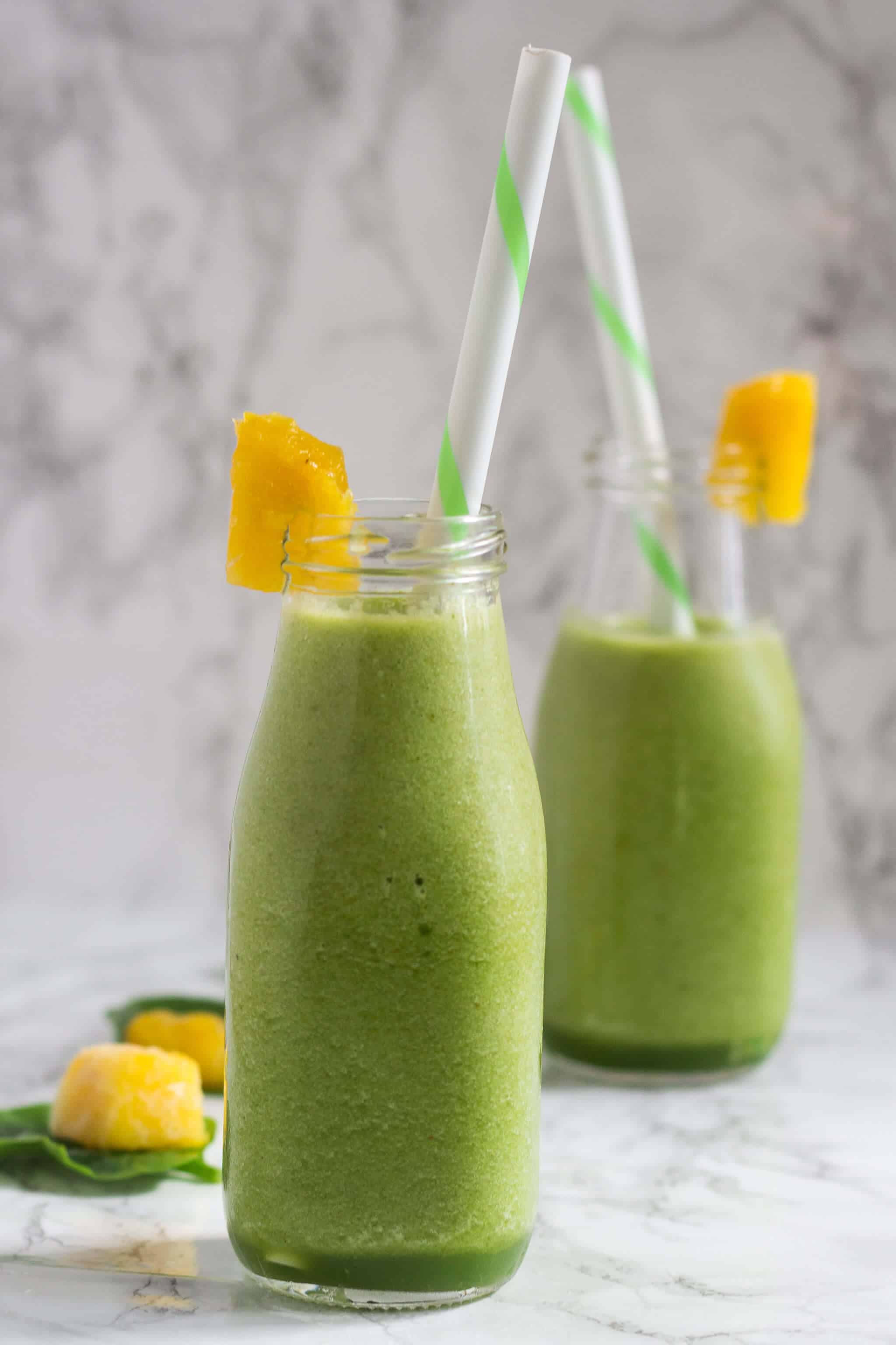 two bottles filled with Green Tea Smoothie