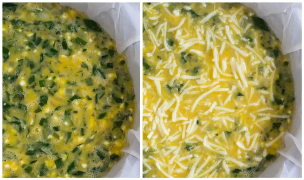 collage quiche before baked, and quiche with mozzarella cheese on top.