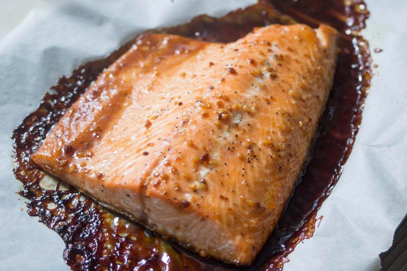 baked honey teriyaki salmon on baking sheet
