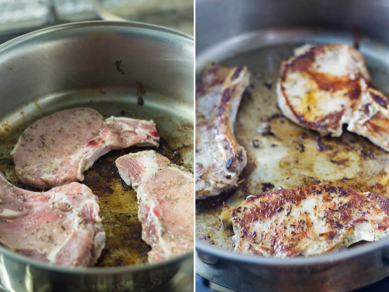 browning pork chops in frying pan