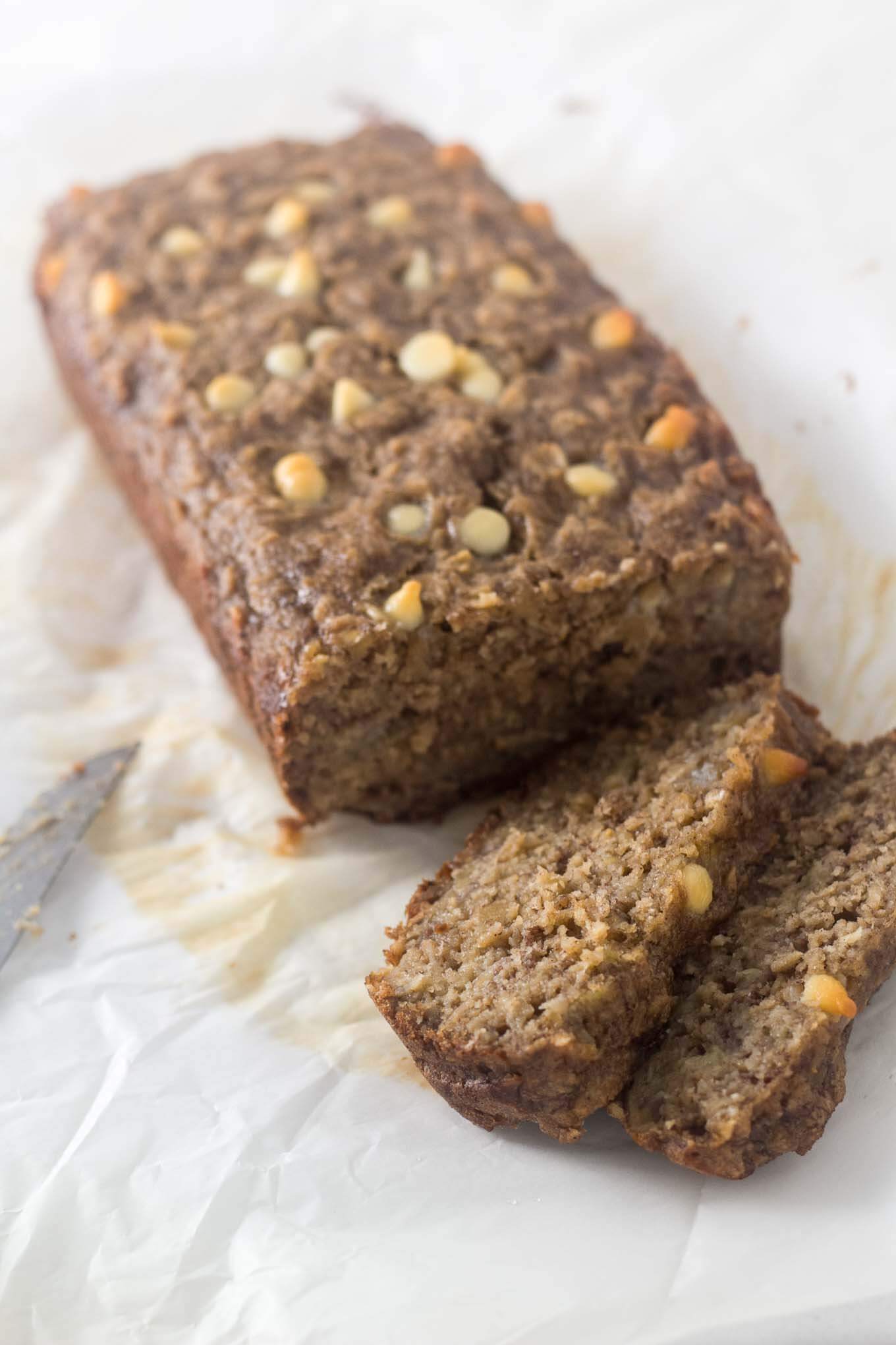Banana Oat Bread with two cut slices.