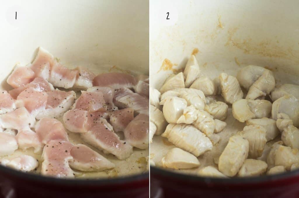 collage, pot with raw chicken, pot with chicken browned.