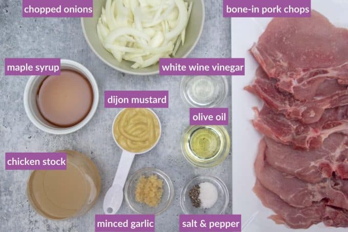 ingredients listed: pork chops, salt, pepper, garlic, olive oil, chicken stock, dijon mustard, maple syrup, onion, white wine vinegar